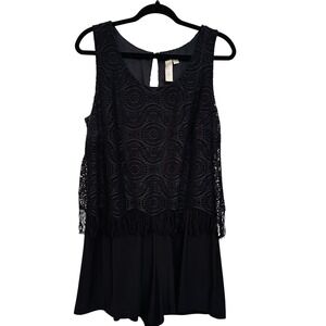 Emma & Michele Womens L Crochet Lace Fringe Sleeveless Romper Black